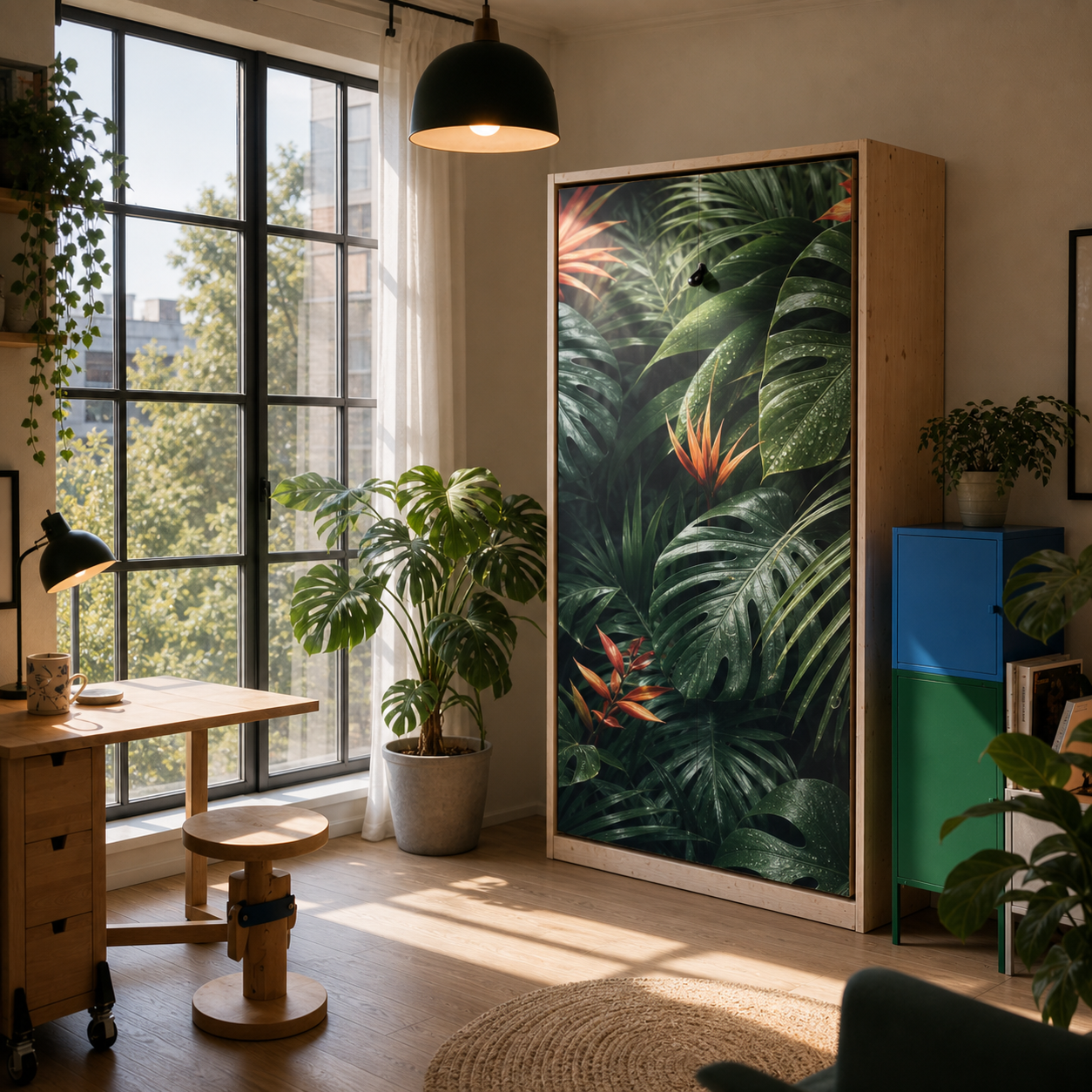 Gepersonaliseerd opklapbed met botanische jungleprint in een modern appartement