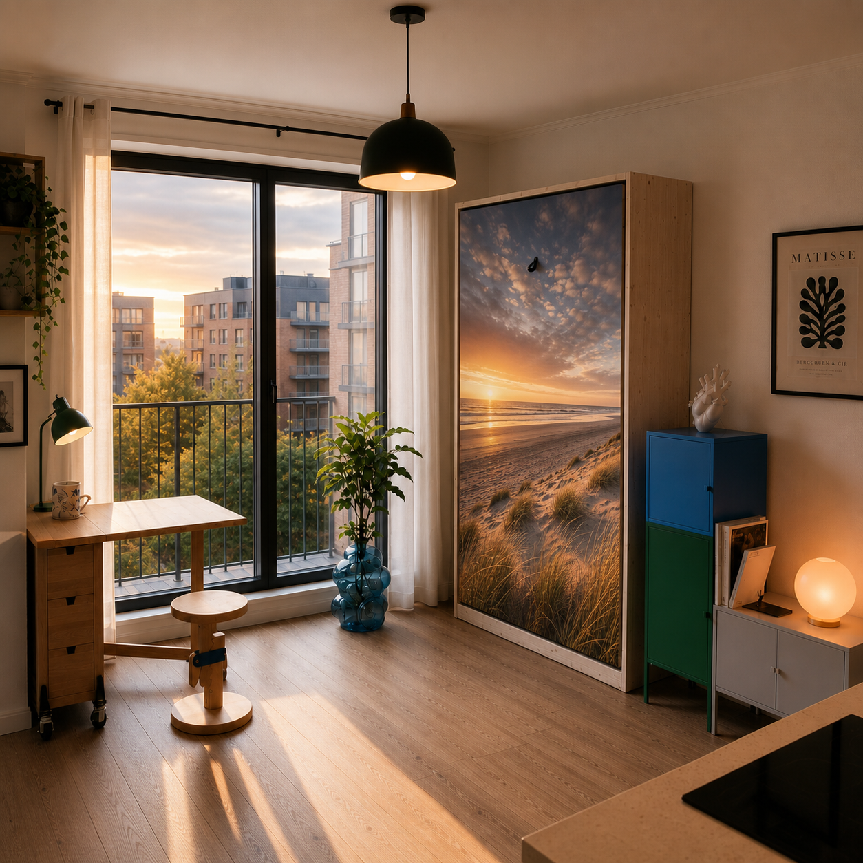Opklapbed met foto van de Nederlandse kust bij zonsondergang