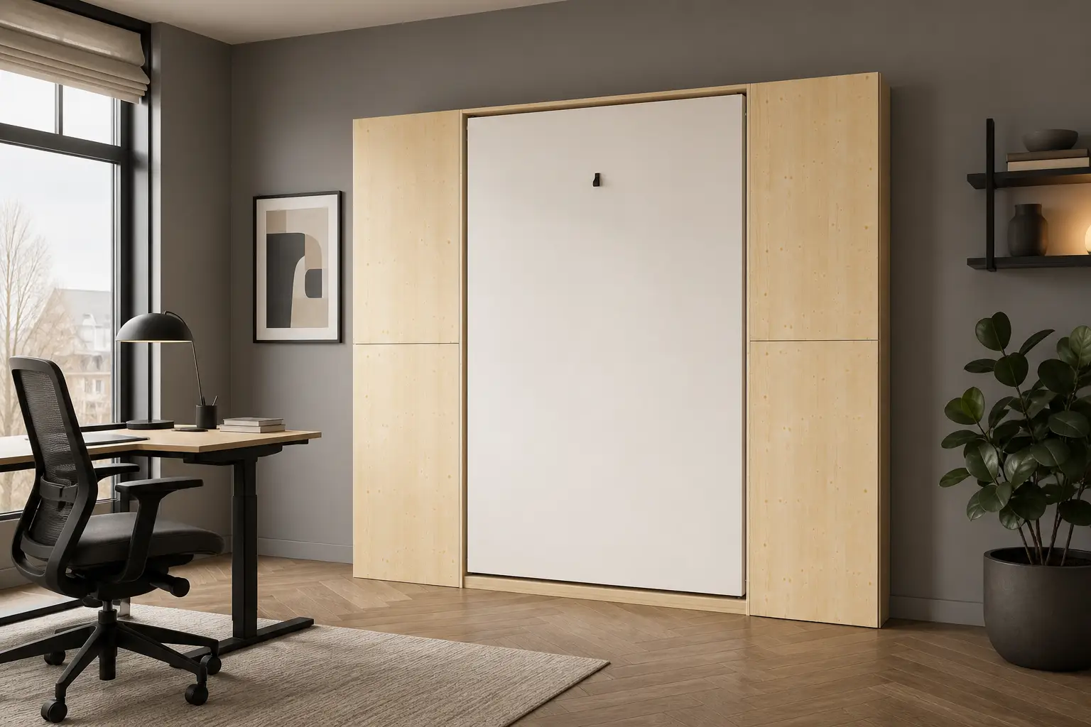 Verticaal opklapbed met massief houten maatkasten in een moderne werkkamer