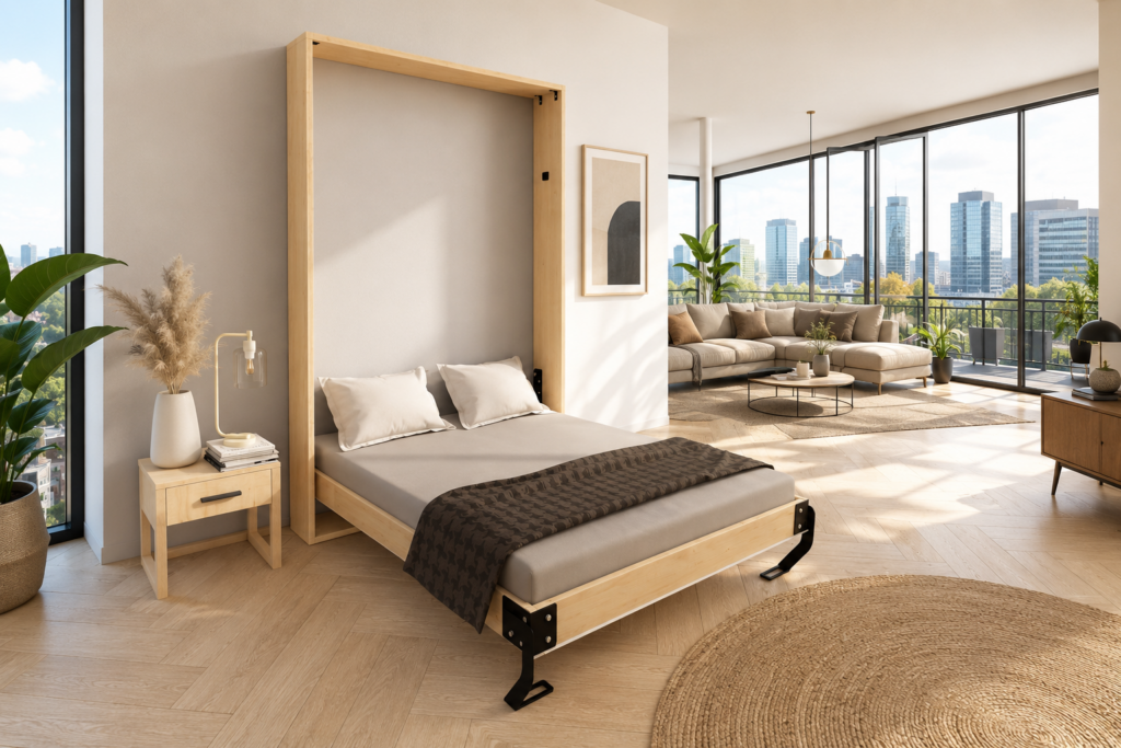 Opvouwbaar logeerbed van massief hout van Opklapbedkopen.nl, geopend in een moderne kamer