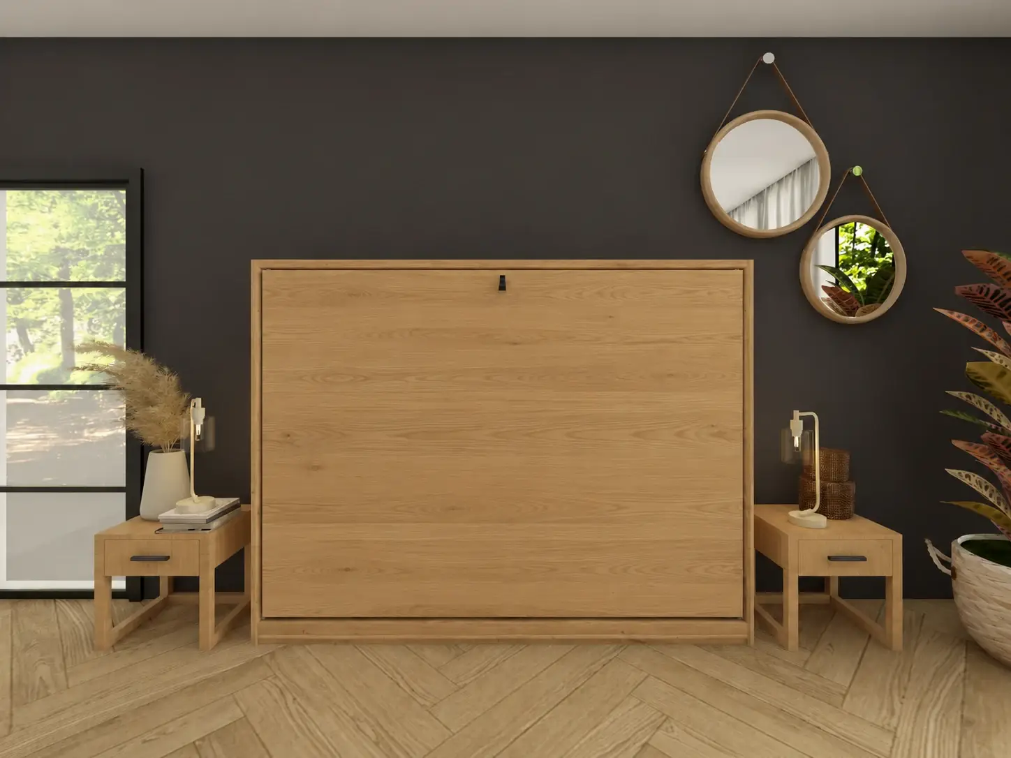 Horizontaal eiken opklapbed met eiken front