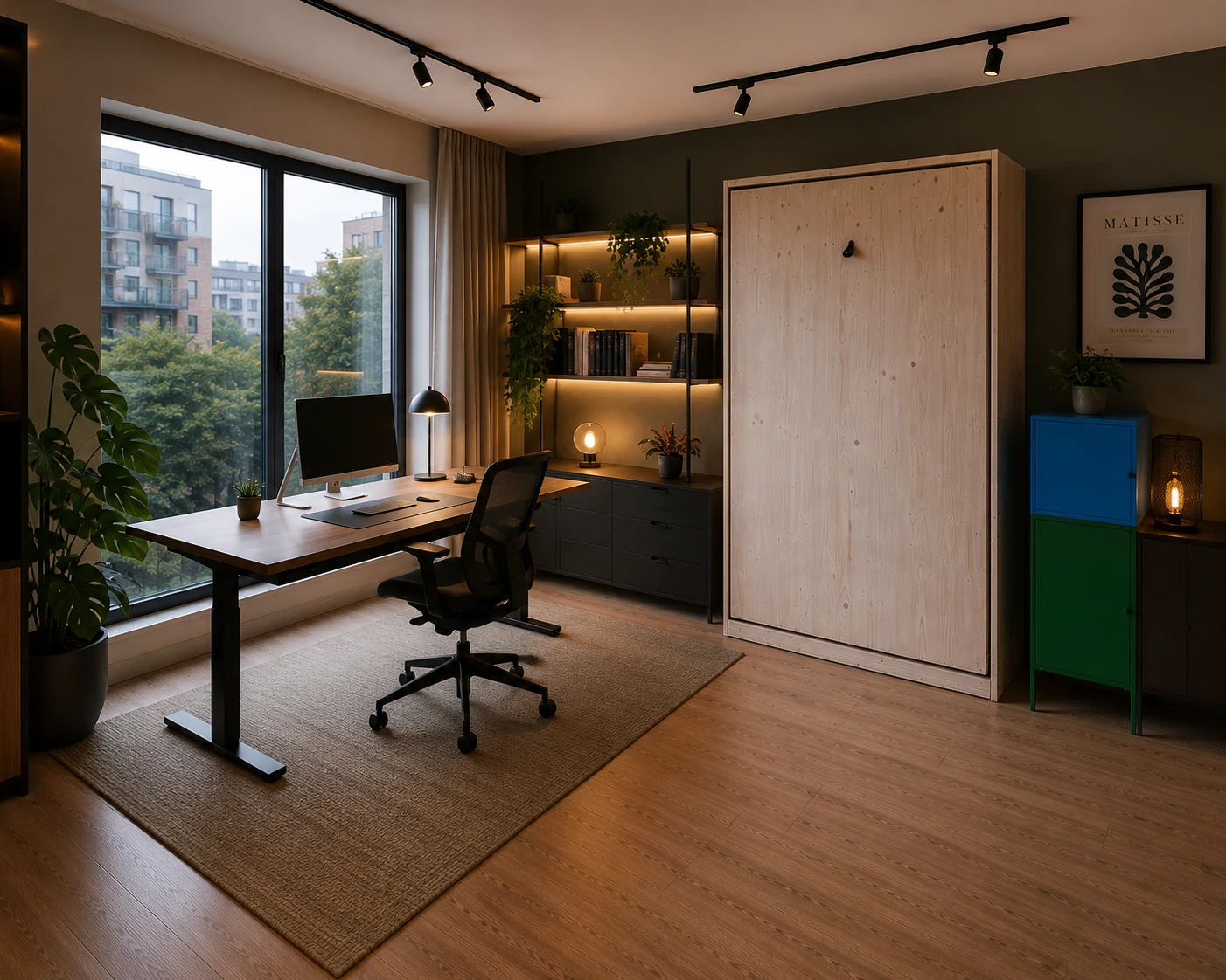 Opklapbed met houten front in een modern thuiskantoor