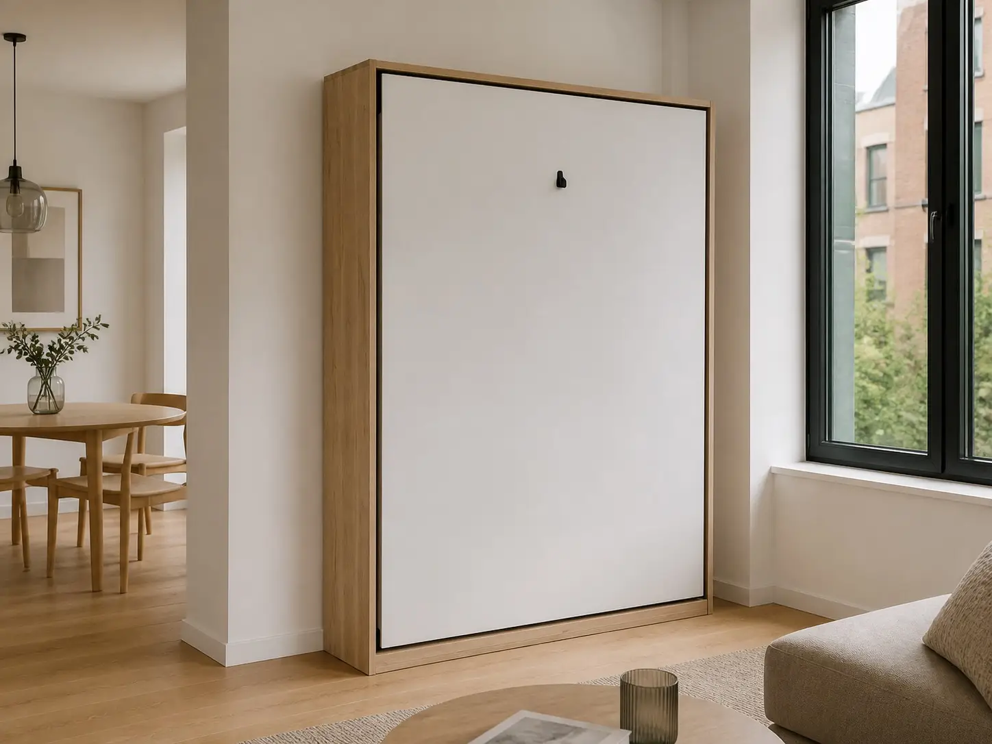 Gesloten massief houten opklapbed in een licht stadsappartement