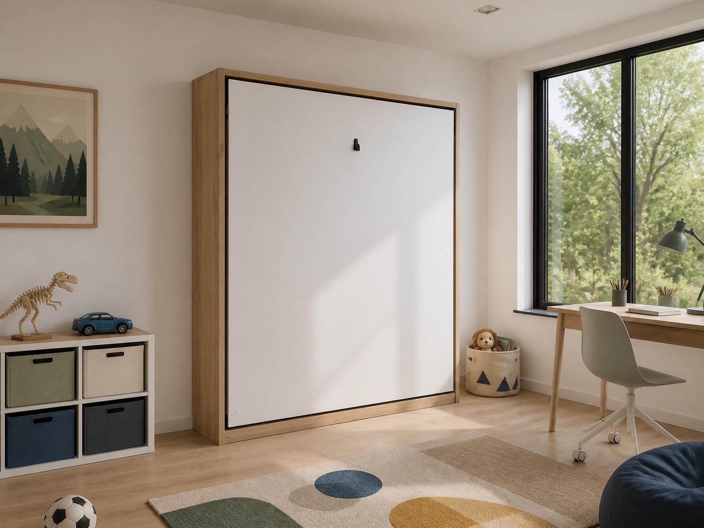 Veilig bevestigd opklapbed in een lichte kinderkamer met speelruimte