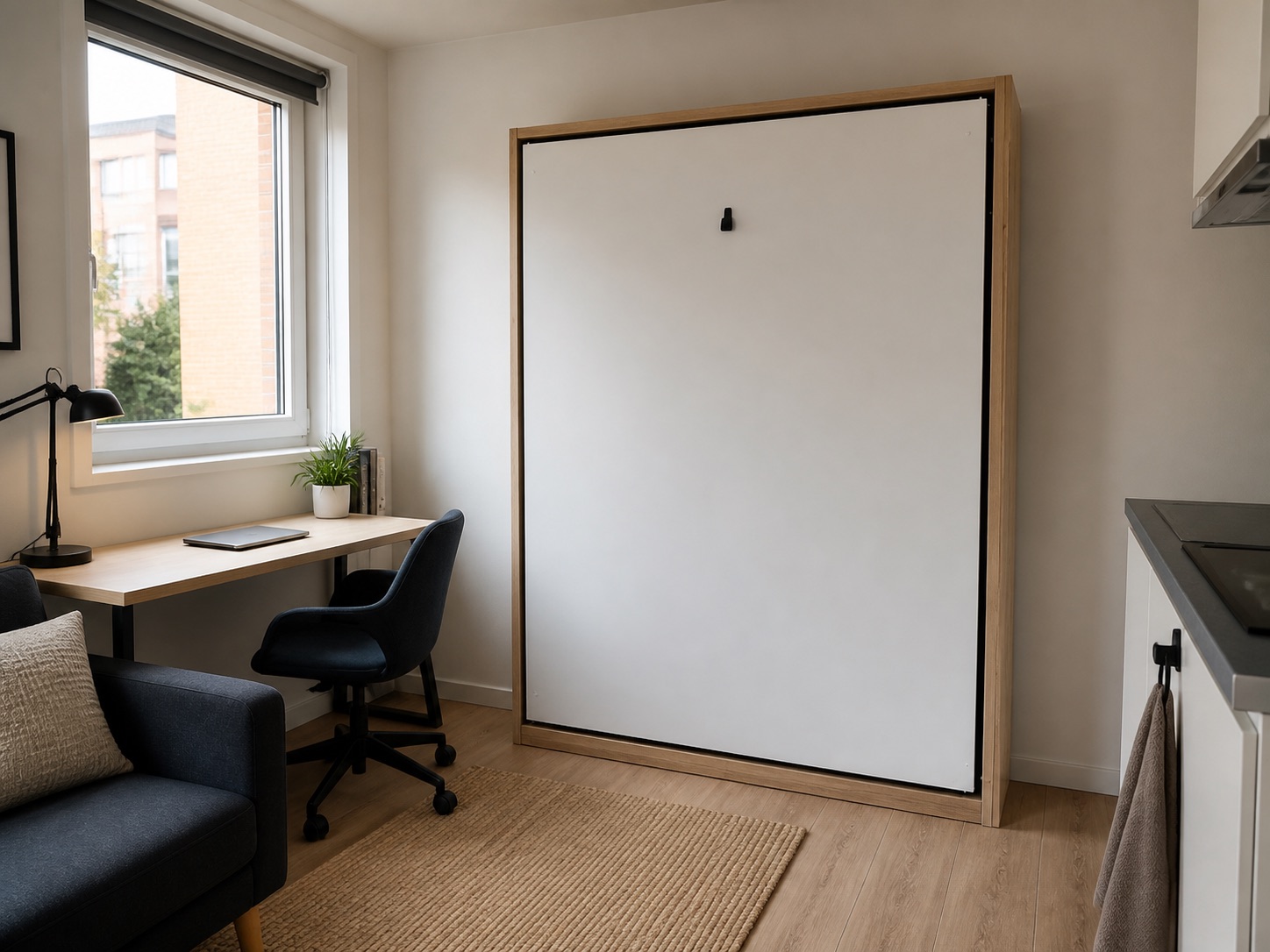 Compact opklapbed in een studentenkamer met bureau en kitchenette
