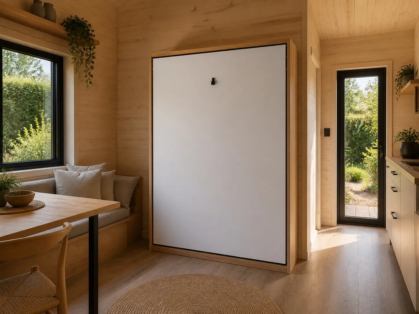 Gesloten massief houten opklapbed in een compact tiny house