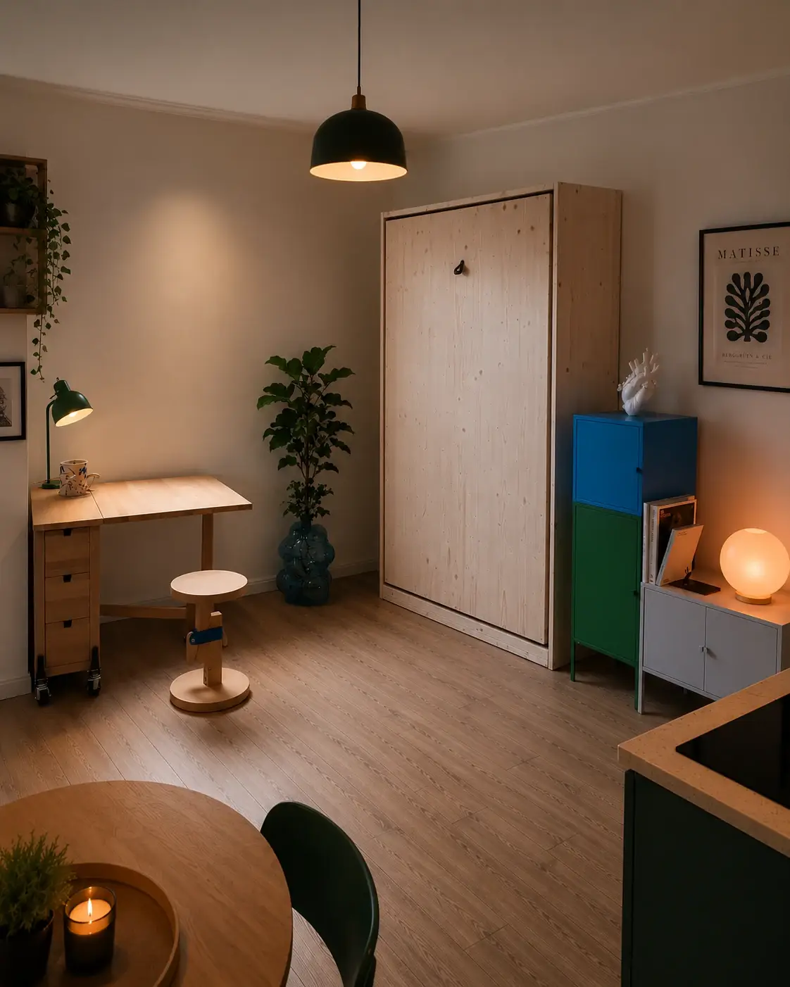 Verticaal houten opklapbed in studio